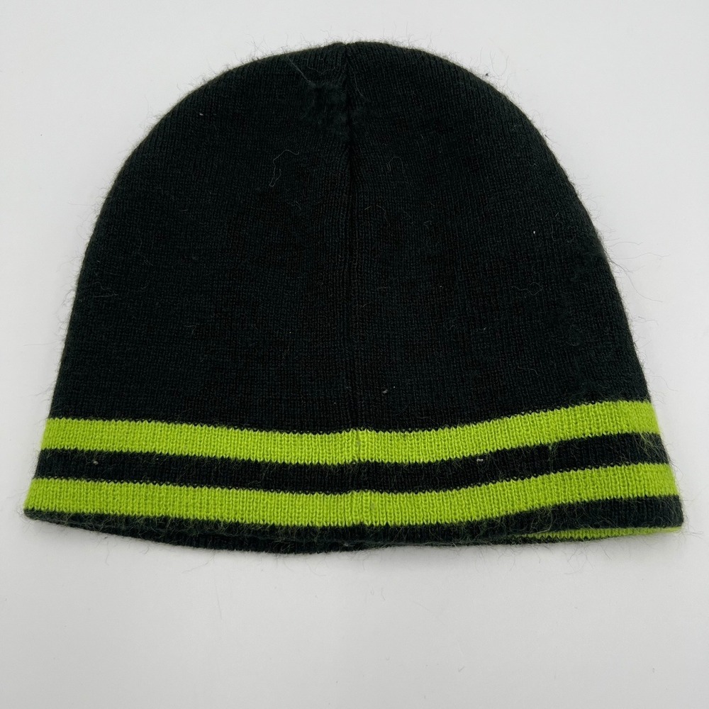 Nike Beanie Kids 4-7 Black Neon Green Very Good Striped Swoosh Knit Hat - Picture 3 of 6
